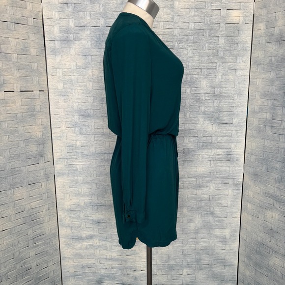 Mango Womens XS Shirt Dress Basics Green V‎ Neck Long Sleeve Drawstring Waist - Picture 3 of 9